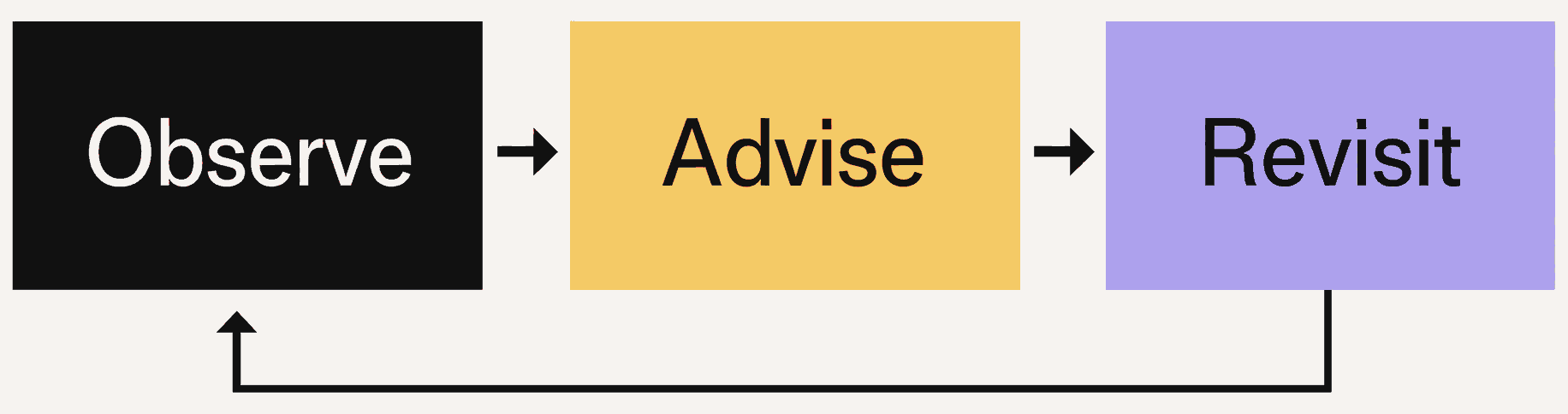 Advisory learning loop: observe evidence, advise, and revisit outcomes before observing again.