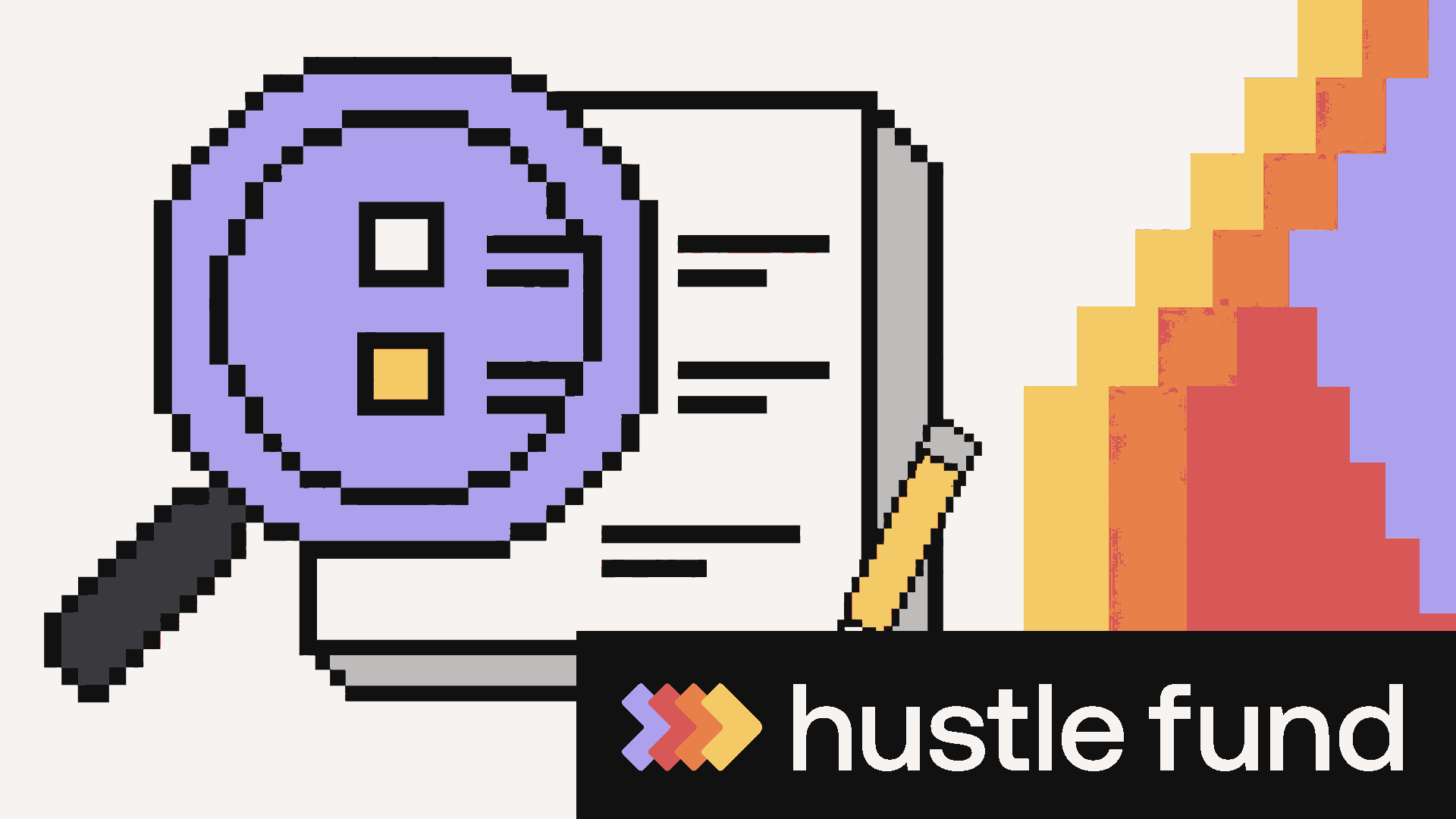 A pixel-art magnifying glass examining an investor's decision notes.