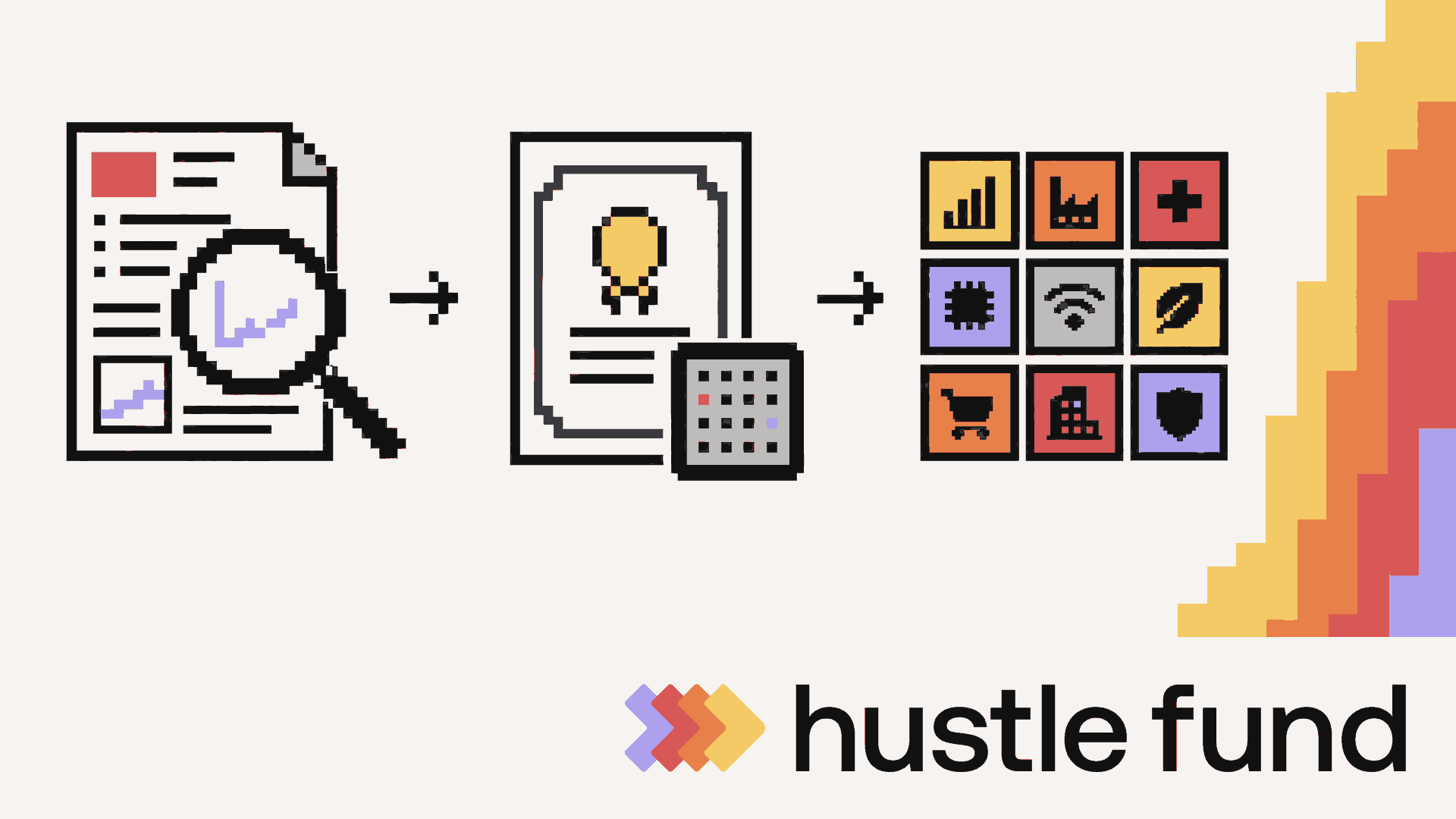 Pixel-art investment research, ownership records, and a portfolio connected by arrows.