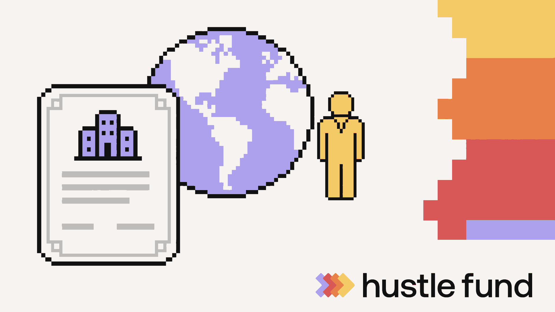 A startup share certificate, globe, and investor in retro pixel art.