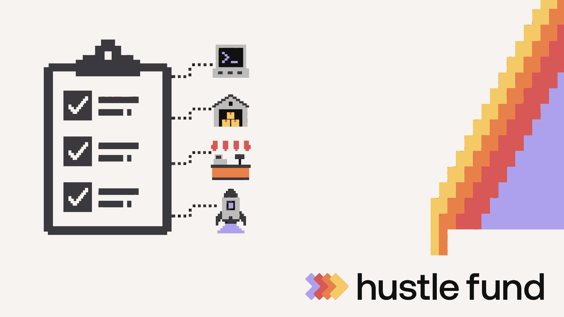 Pixel-art checklist connected to software, logistics, payments and space businesses.