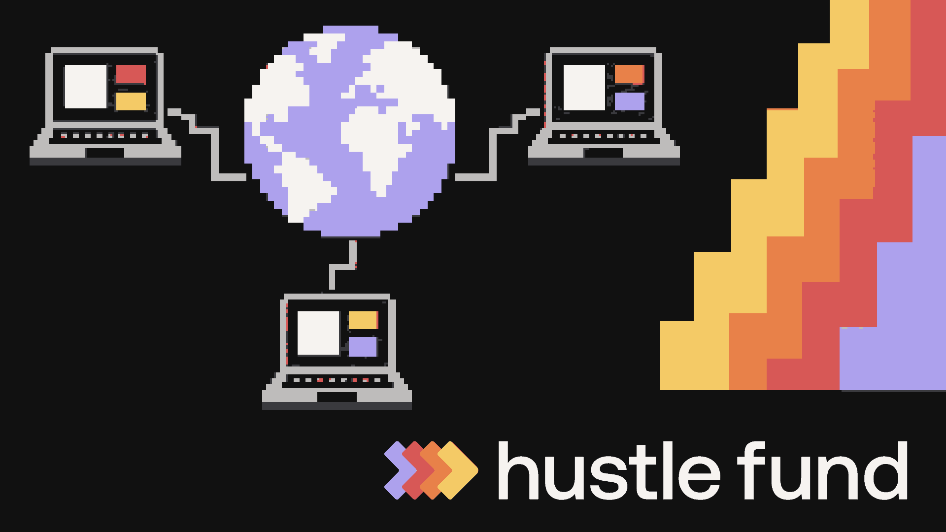 Pixel-art laptops connected across a globe, representing a distributed startup-investing community.