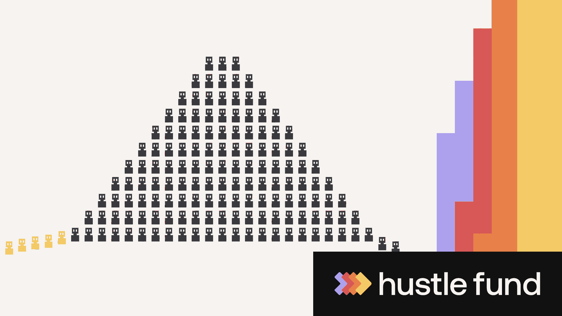 Pixel figures form an adoption distribution beside a stepped Hustle Fund color rail.