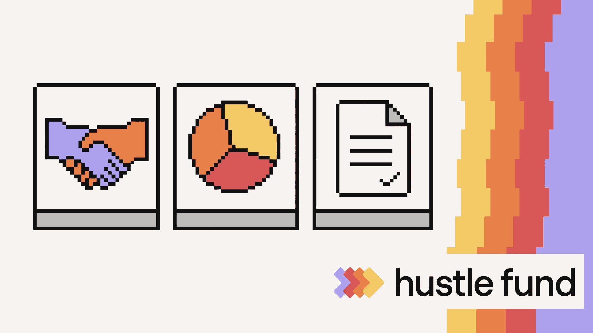 Three equal pillars representing the investment firm, valuation, and terms.