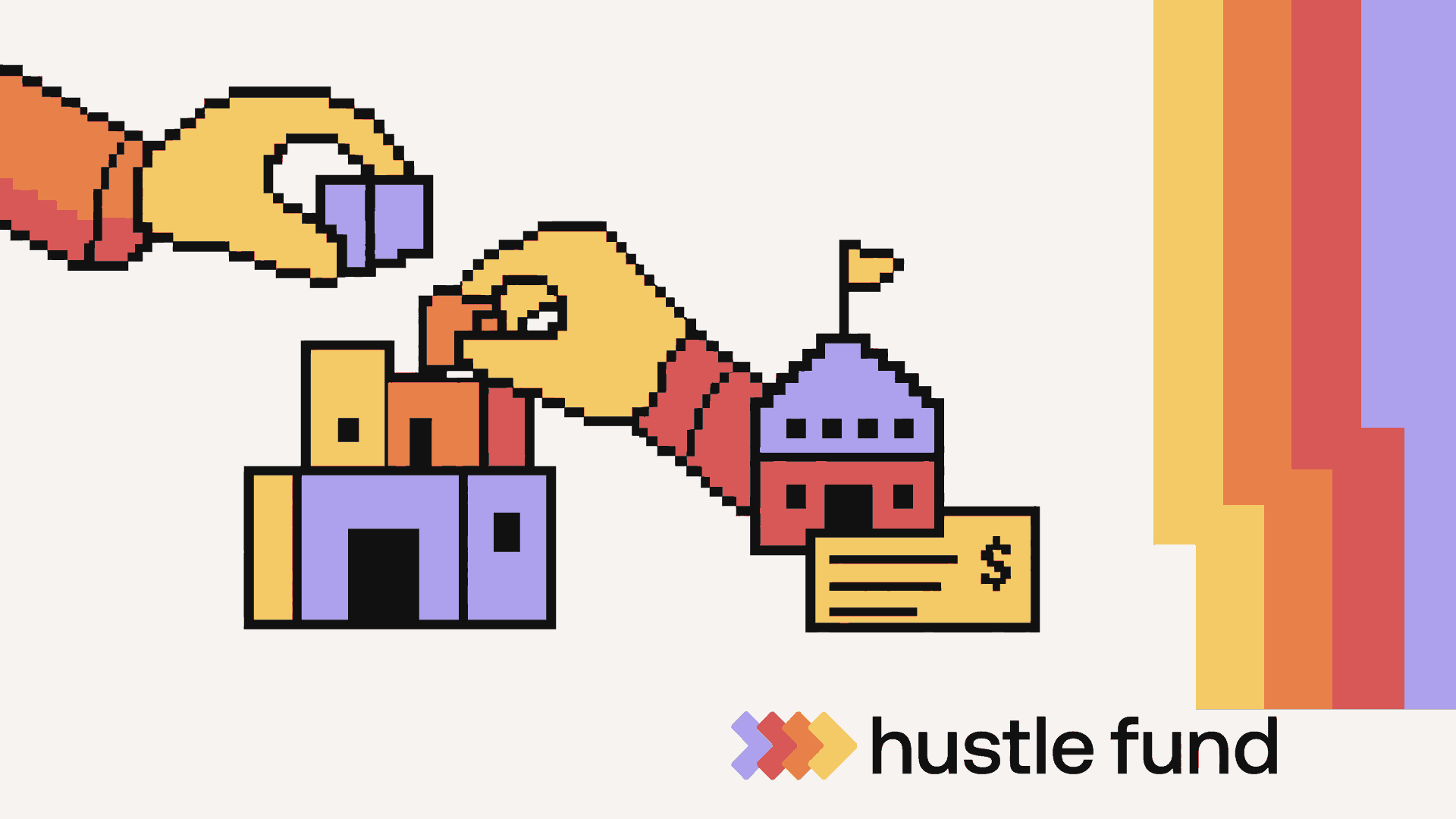 Pixel-art hands assemble a startup beside another company and a funding check.