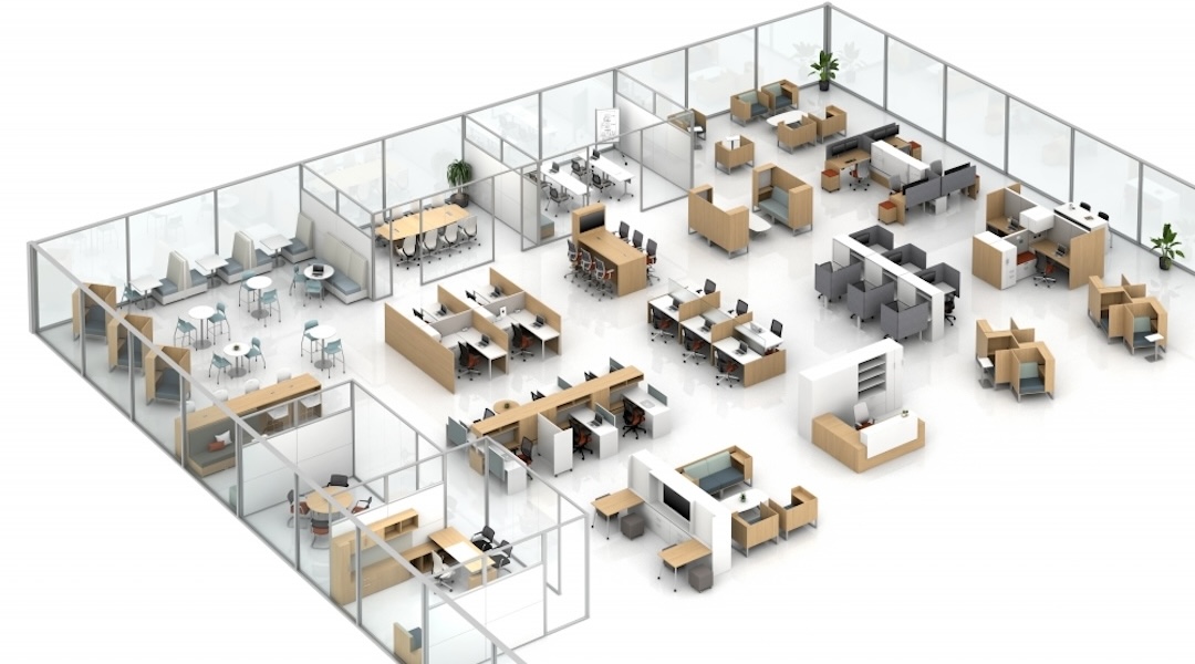 overhead of an furnished office space highlighting the smart layout and arrangement by Office Gallery international