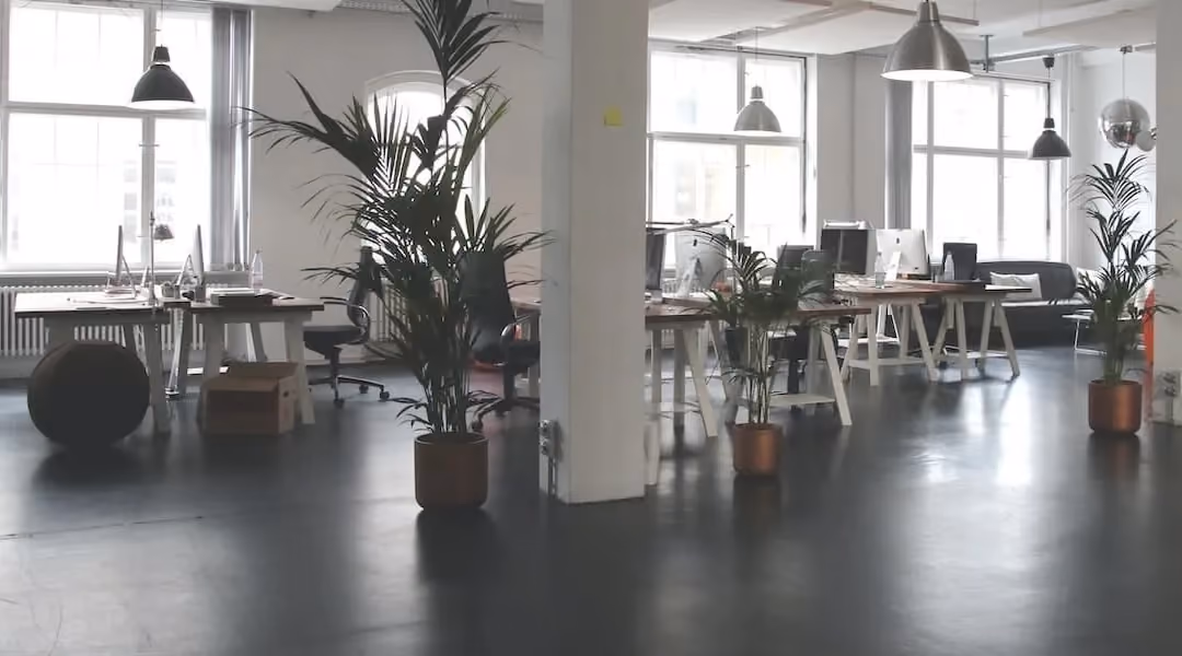 Modern open-plan office workspace with large windows and natural light, designed by Office Gallery International for productivity and employee wellbeing.