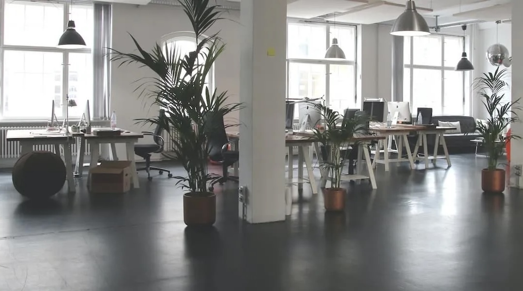 Modern open-plan office workspace with large windows and natural light, designed by Office Gallery International for productivity and employee wellbeing.