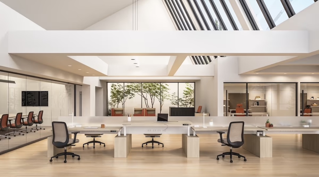 Modern AIS benching workstations displayed in a bright, open office environment available through Office Gallery International