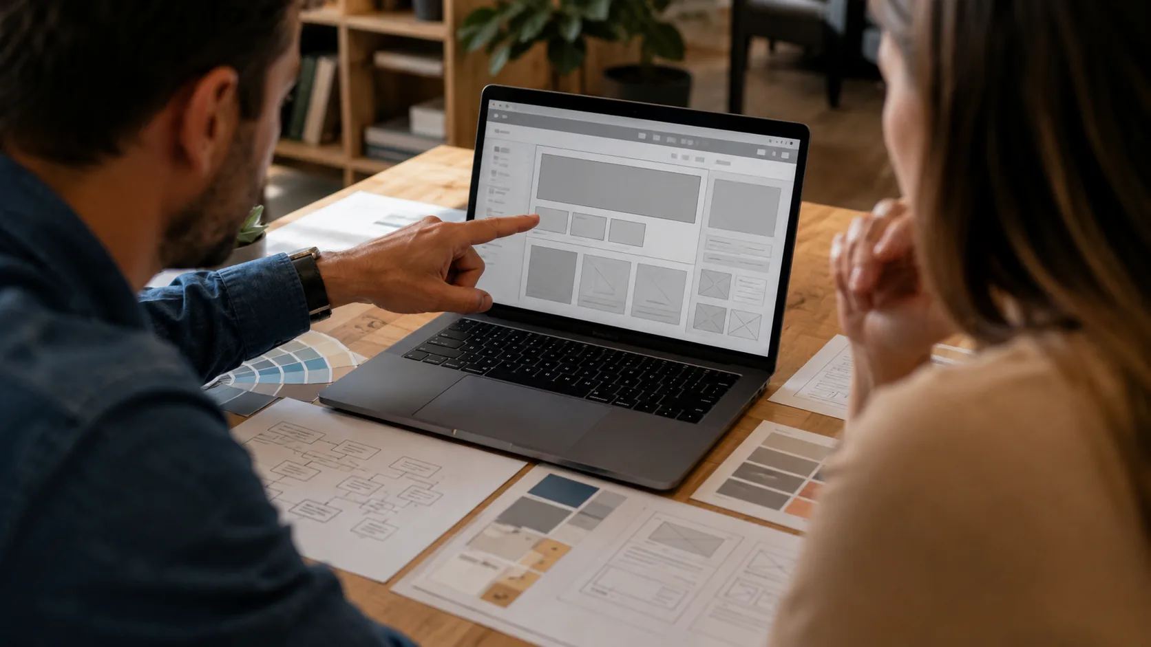 ทีมงานและลูกค้าร่วมออกแบบโครงสร้างและ wireframe เว็บไซต์
