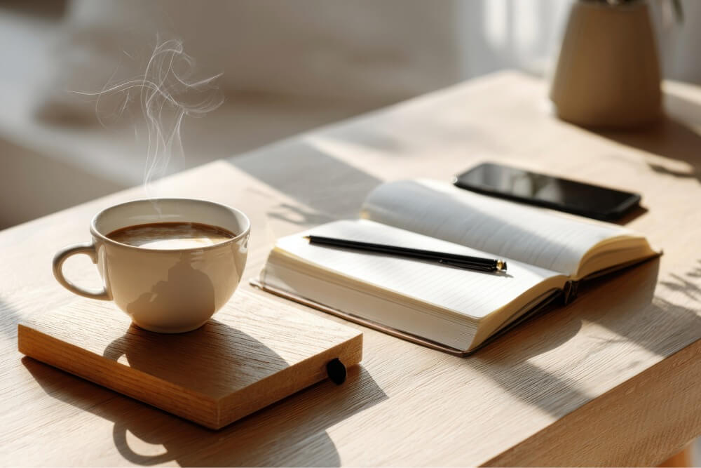 A steaming cup of coffee on a wooden coaster beside an open notebook with a pen and a smartphone on a sunlit desk, suggesting a calm and focused moment of self-care and reflection.