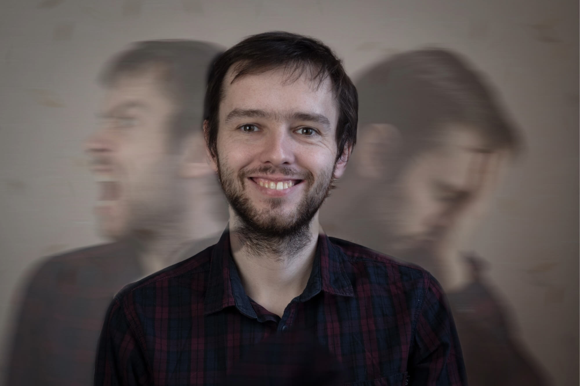 Man with bipolar expressions: smiling, yelling, distressed.