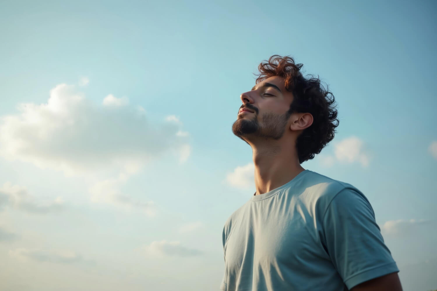 A young man stands outdoors with his eyes closed and head slightly tilted up, appearing calm and reflective under a blue sky with clouds, symbolizing peace, healing, and emotional relief, possibly after grief therapy.