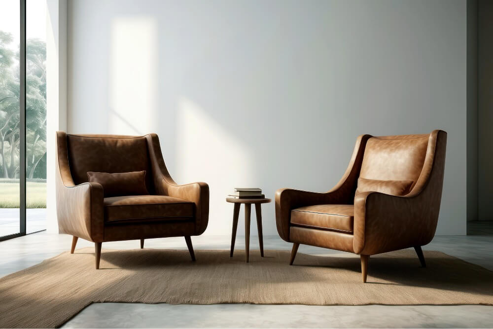 Two brown leather armchairs with matching cushions face each other in a minimalist room with white walls, a small round wooden table between them, and a large window letting in natural light. A beige rug lies beneath the furniture.