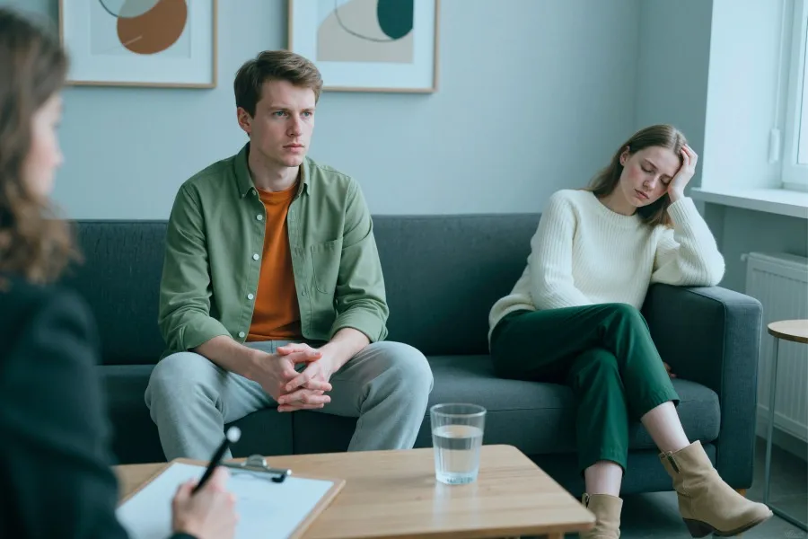 Young man and woman sitting apart on a couch in a therapy session, appearing disconnected and distressed.