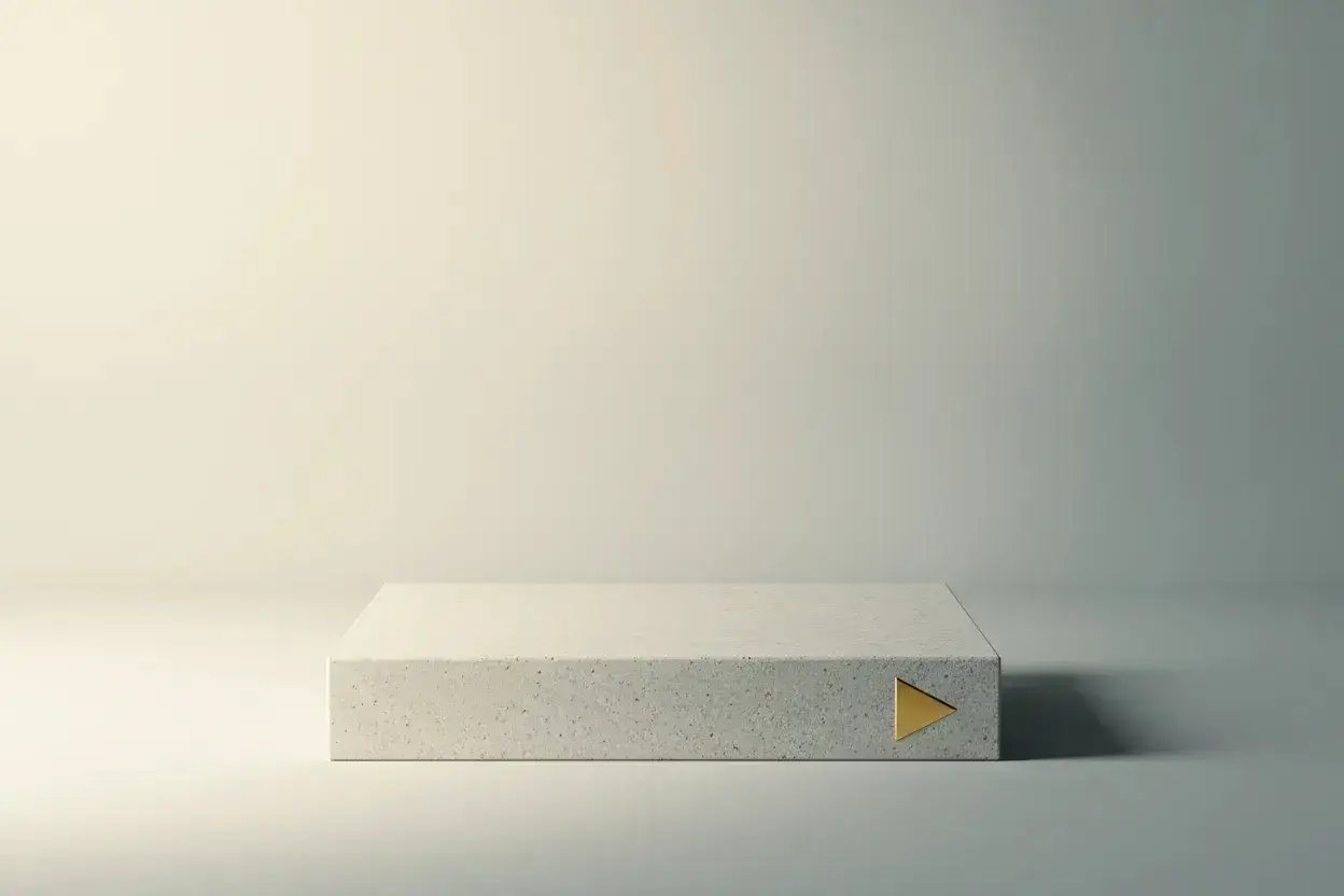 Minimalist scene featuring a low rectangular stone platform against a soft neutral background, with a small gold arrow embedded on the front edge. Clean, modern composition symbolizing guidance, progress, and framing therapy homework in ways that improve engagement and follow-through.