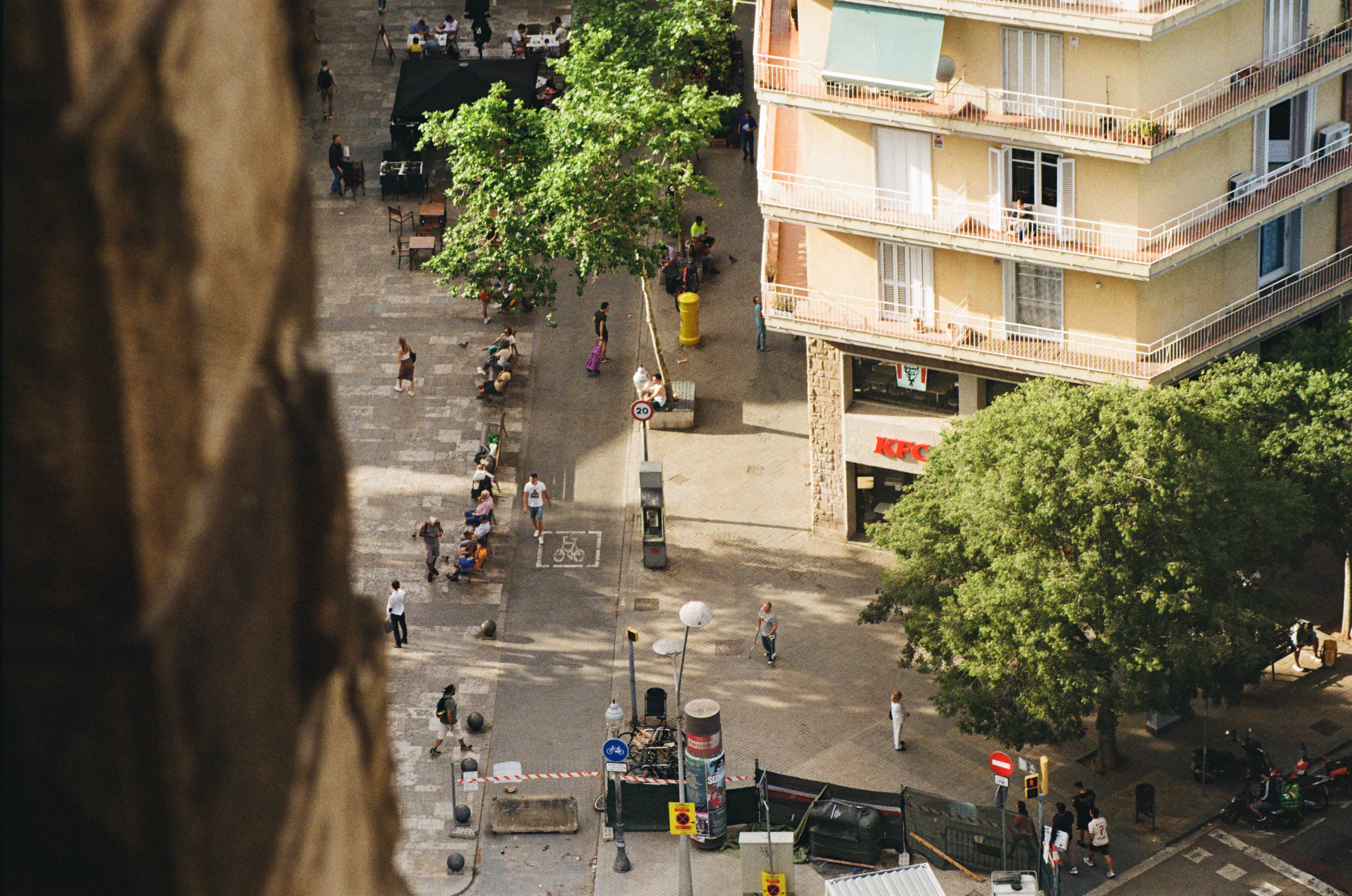 birds eye view of Barcelona, showing people walking in the street