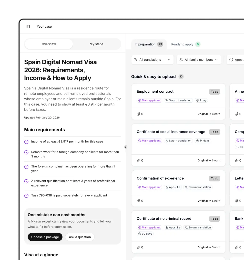 Get a document checklist tailored to your work and family situation. Follow clear instructions, upload your documents, and track your progress — all in one free account