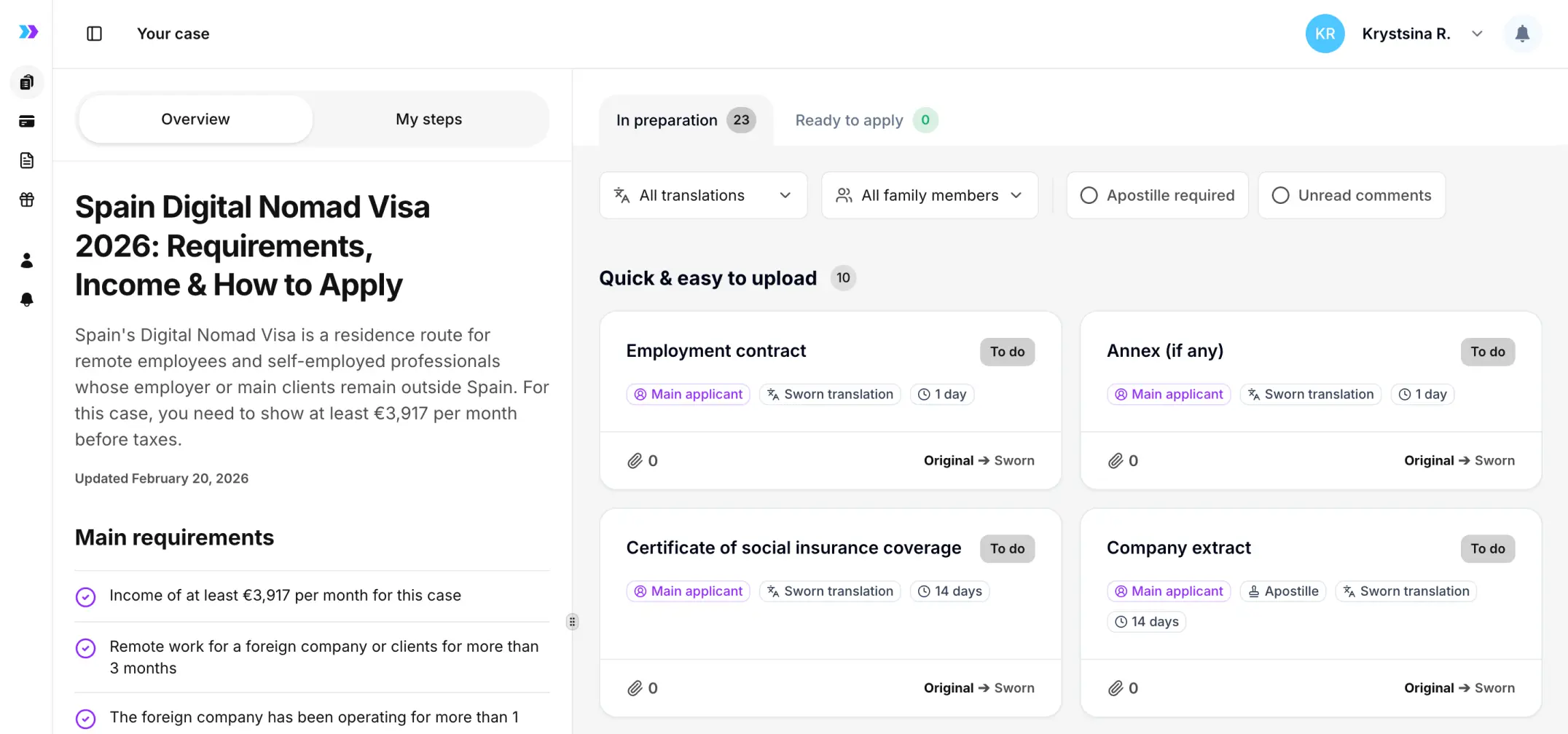 Get a document checklist tailored to your work and family situation. Follow clear instructions, upload your documents, and track your progress — all in one free account