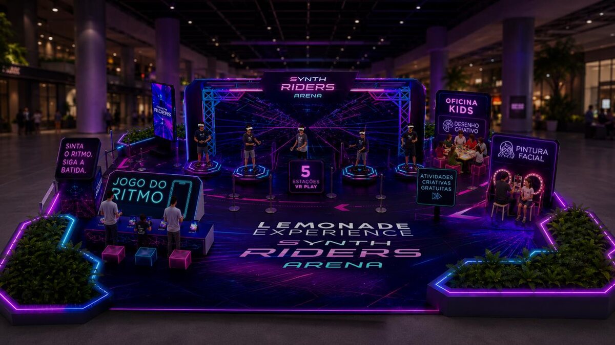 Conceptual render of the Synth Riders arena installed in a shopping mall atrium