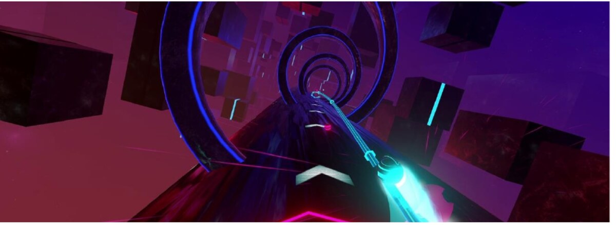 Cena de Synth Riders em um túnel futurista