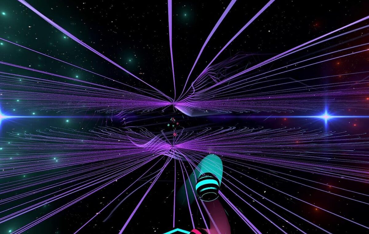 Ambiente virtual de Synth Riders com trilhas luminosas