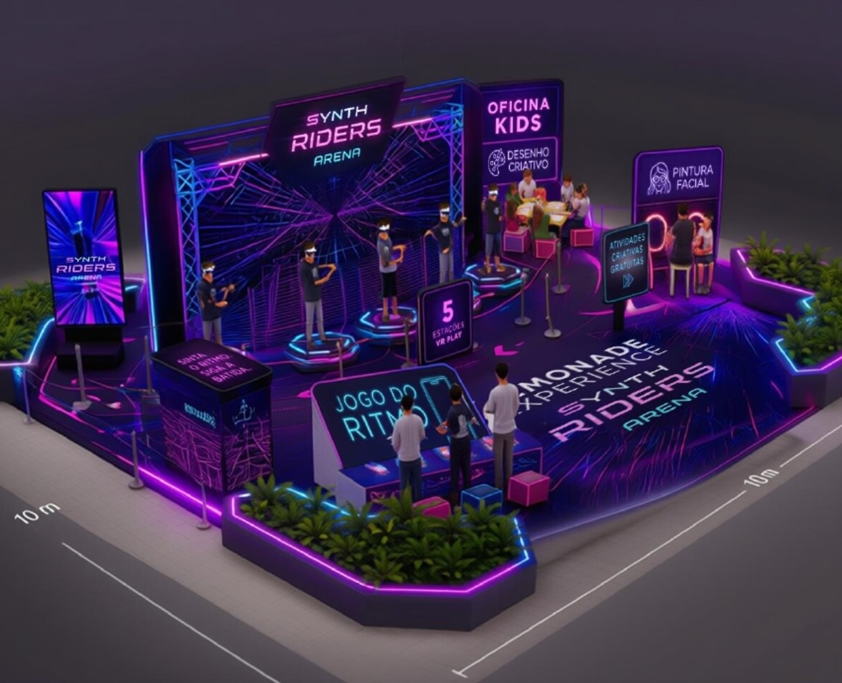 Vista em perspectiva da instalação com arena de realidade virtual, oficina kids e zona mobile