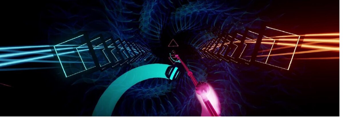 Cena de Synth Riders com elementos luminosos azuis e vermelhos