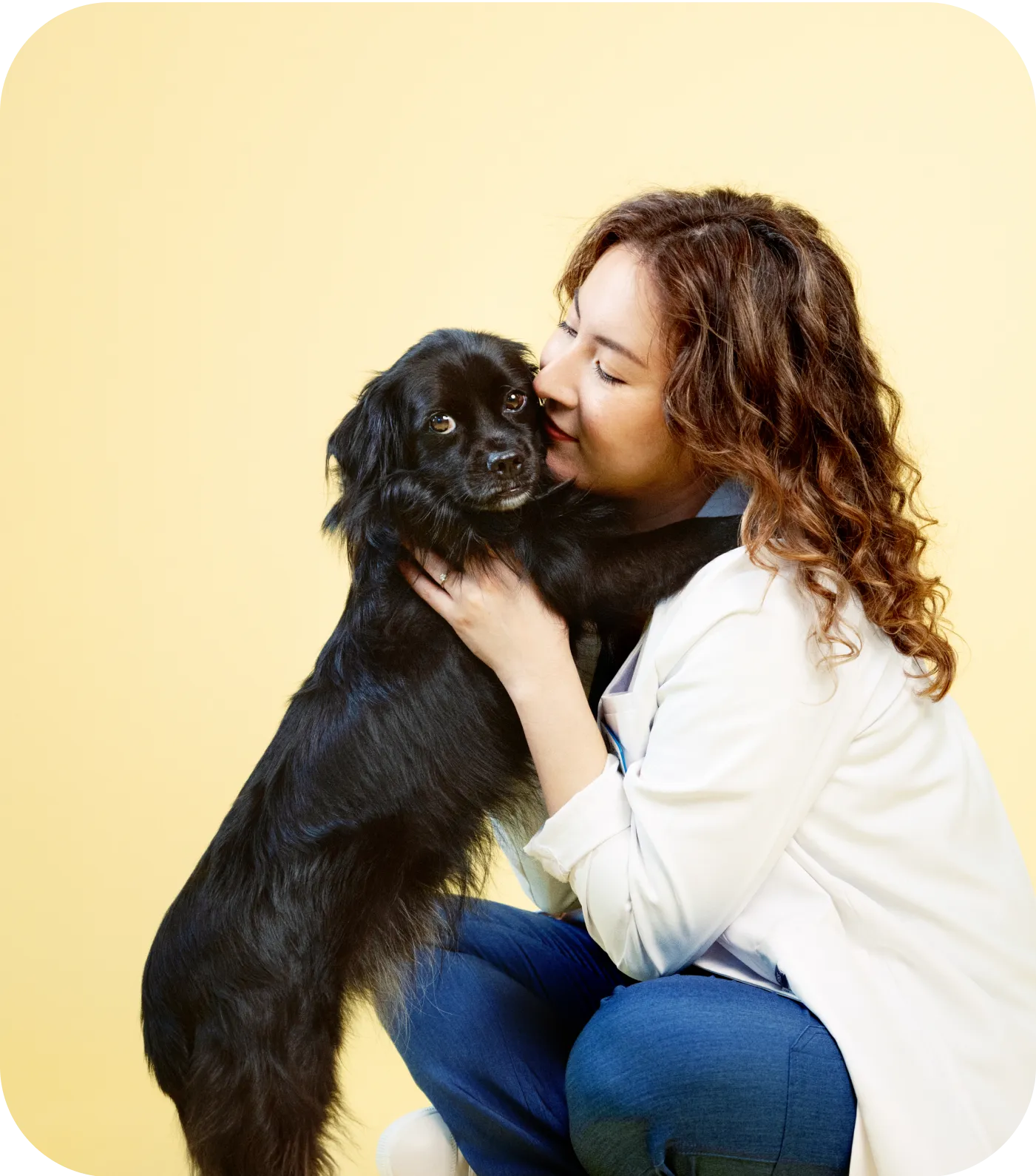 vet crouched down holding dog