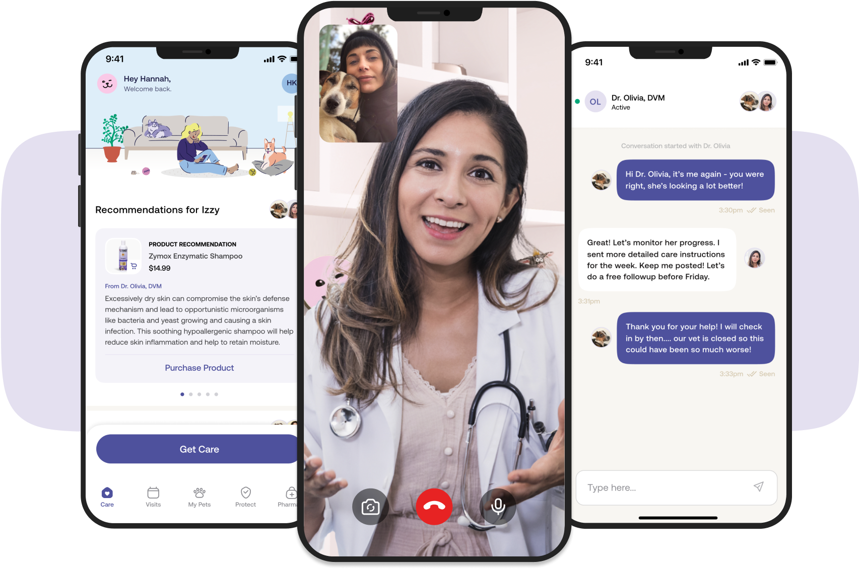 Three smart phones with pawp messages, a pawp video chat, and the pawp dashboard
