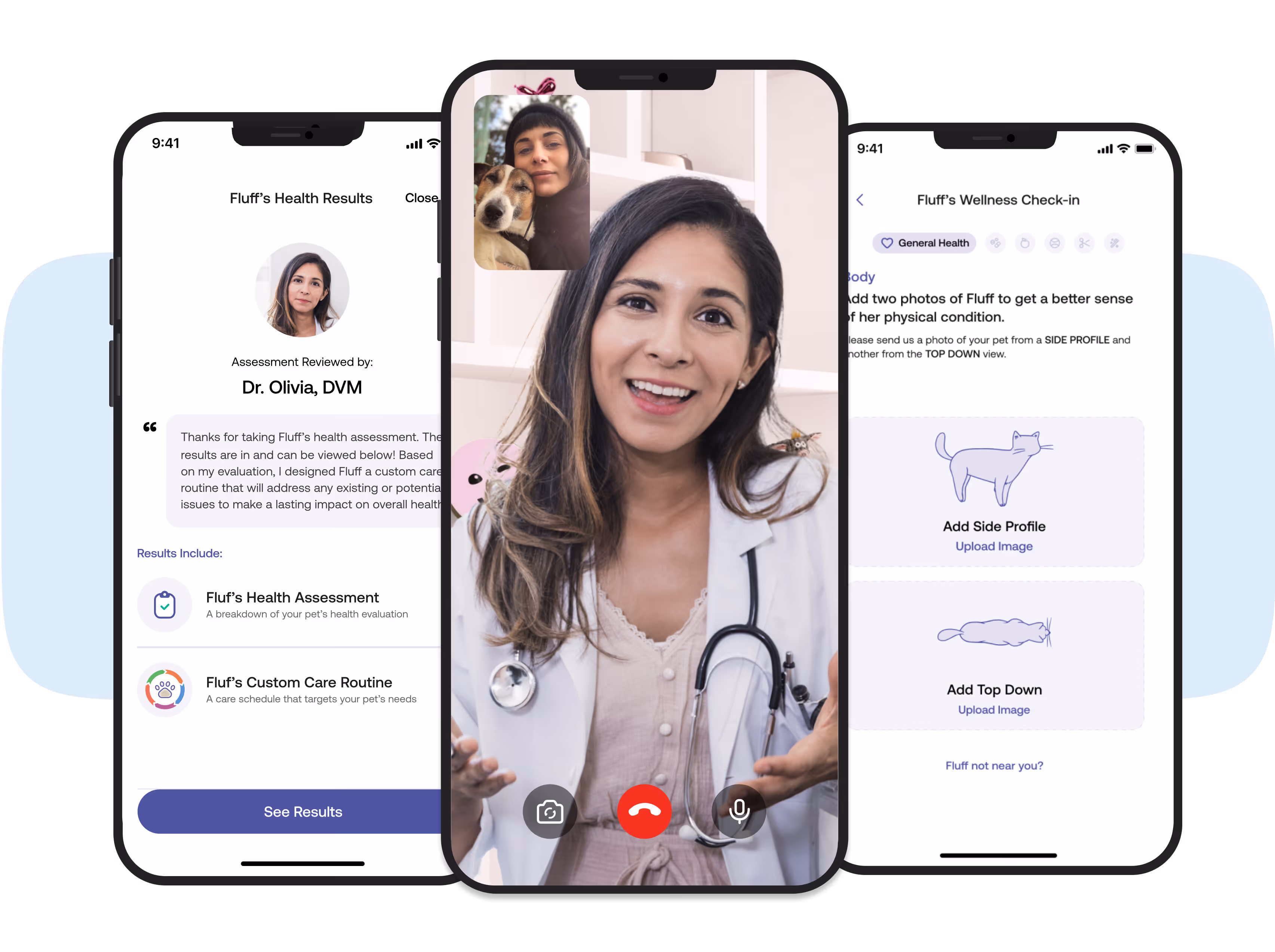 Three smart phones with pawp messages, a pawp video chat, and the pawp dashboard