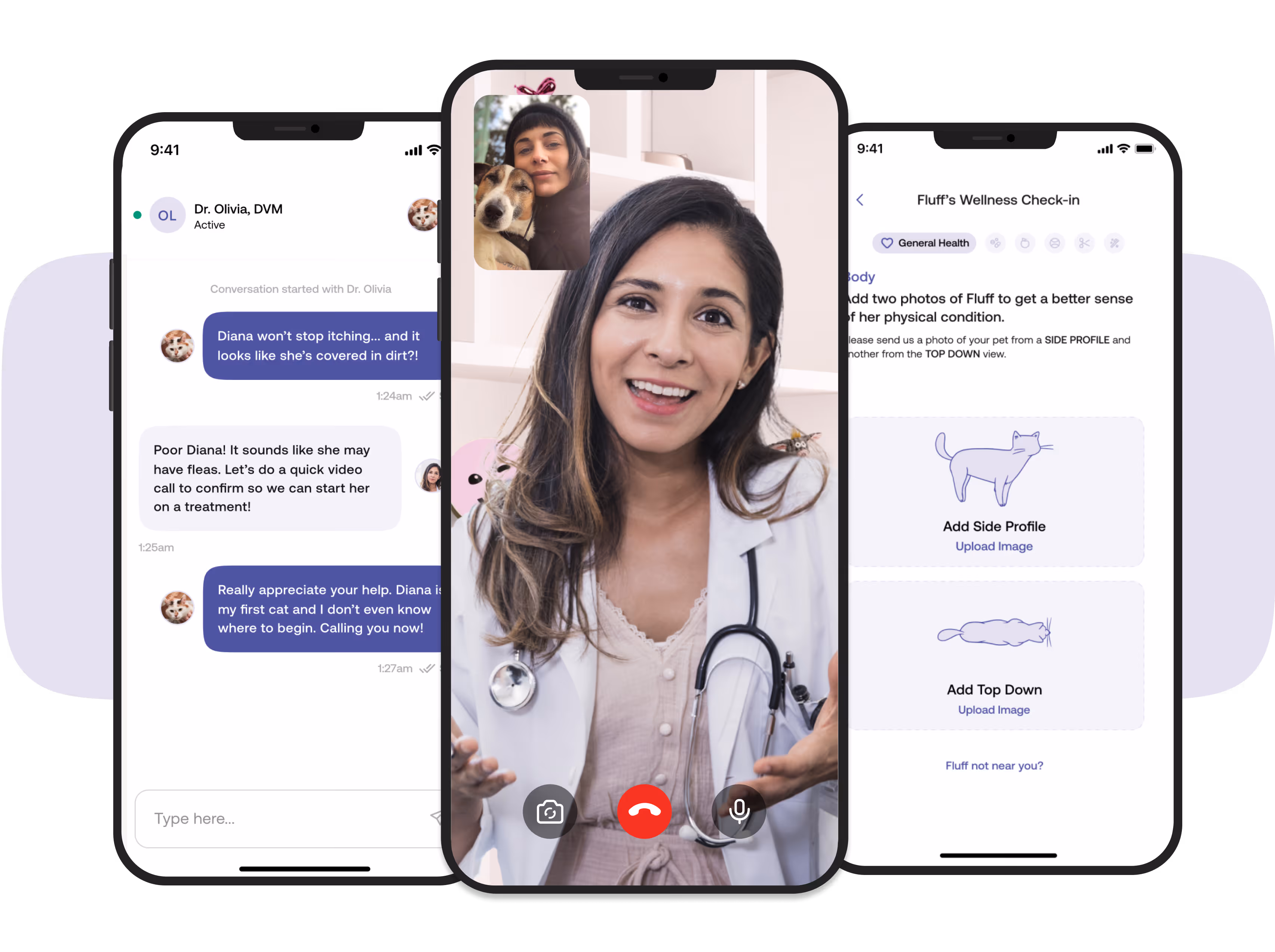 Three smart phones with pawp messages, a pawp video chat, and the pawp dashboard
