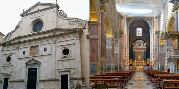 Fachada e interior da Basílica de Santo Agostinho em Roma