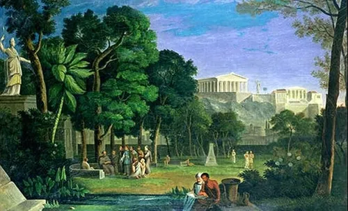 Representação do Jardim de Epicuro em Atenas, espaço de ensino e filosofia