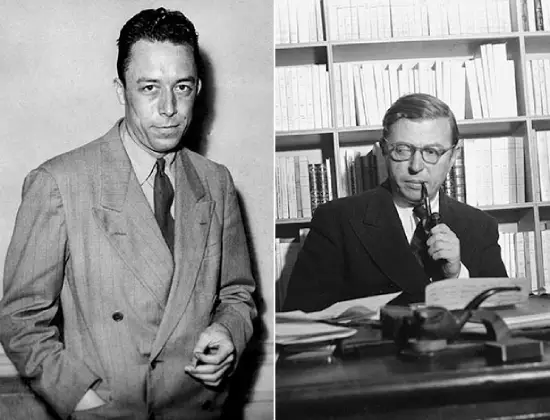 Retratos de Albert Camus e Jean-Paul Sartre, filósofos do existencialismo ateu
