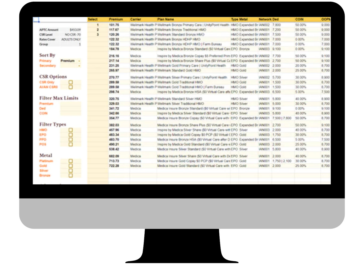 A depiction of filtering plan options on a computer to run quotes