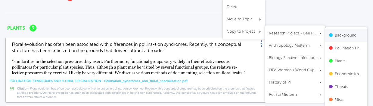 Copy, move, and duplicate a note or section with a project or to another project.