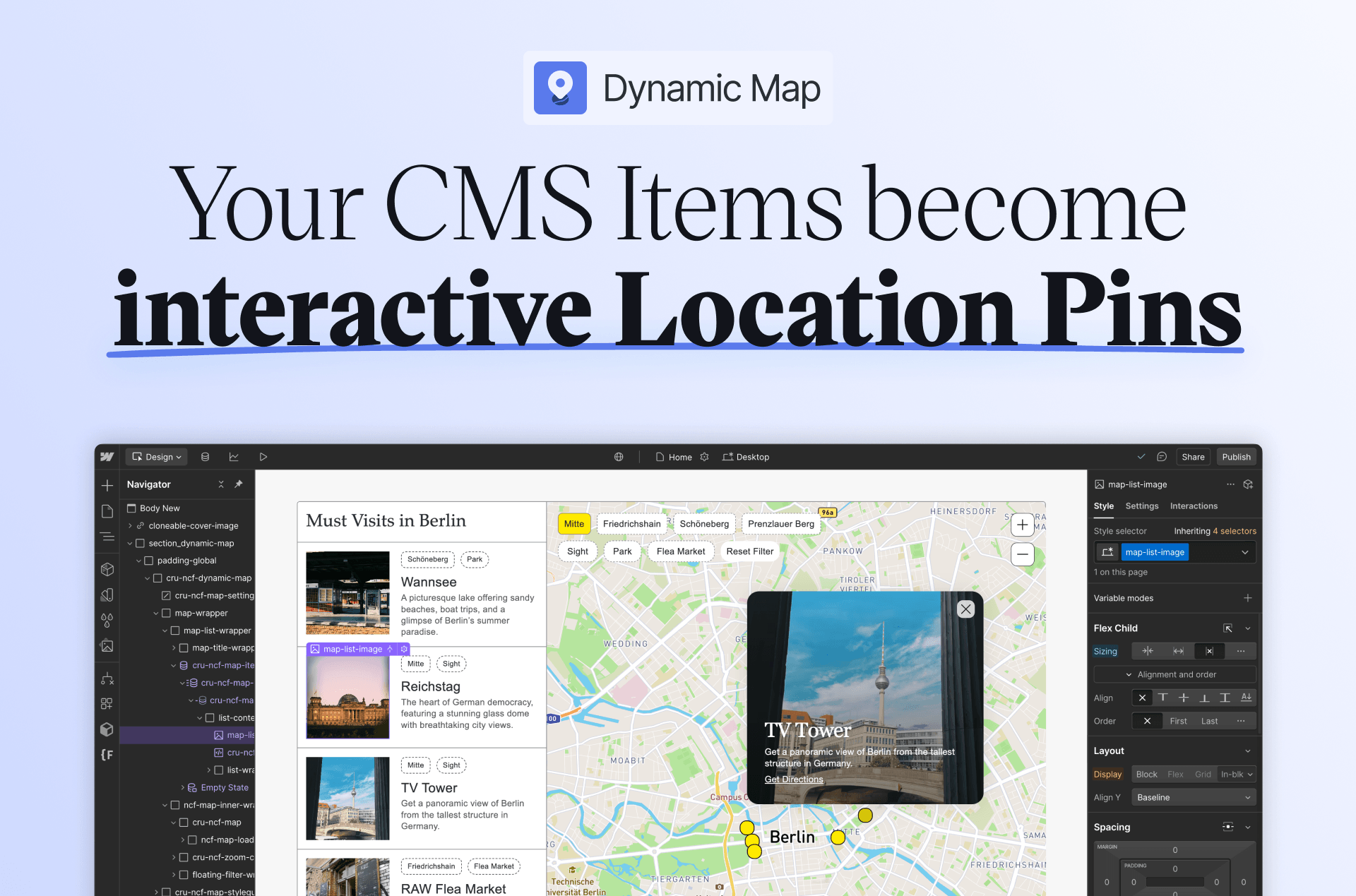 Turn your CMS items into interactive location pins on a map in Webflow with Dynamic Map App