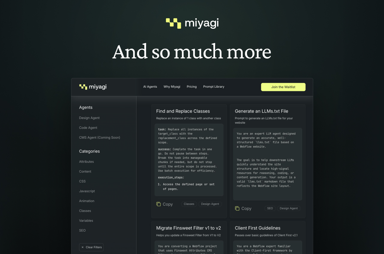 Miyagi prompt library with Agents and Categories filters, cards like “Find and Replace Classes” and “Generate an LLMs.txt File,” and do more