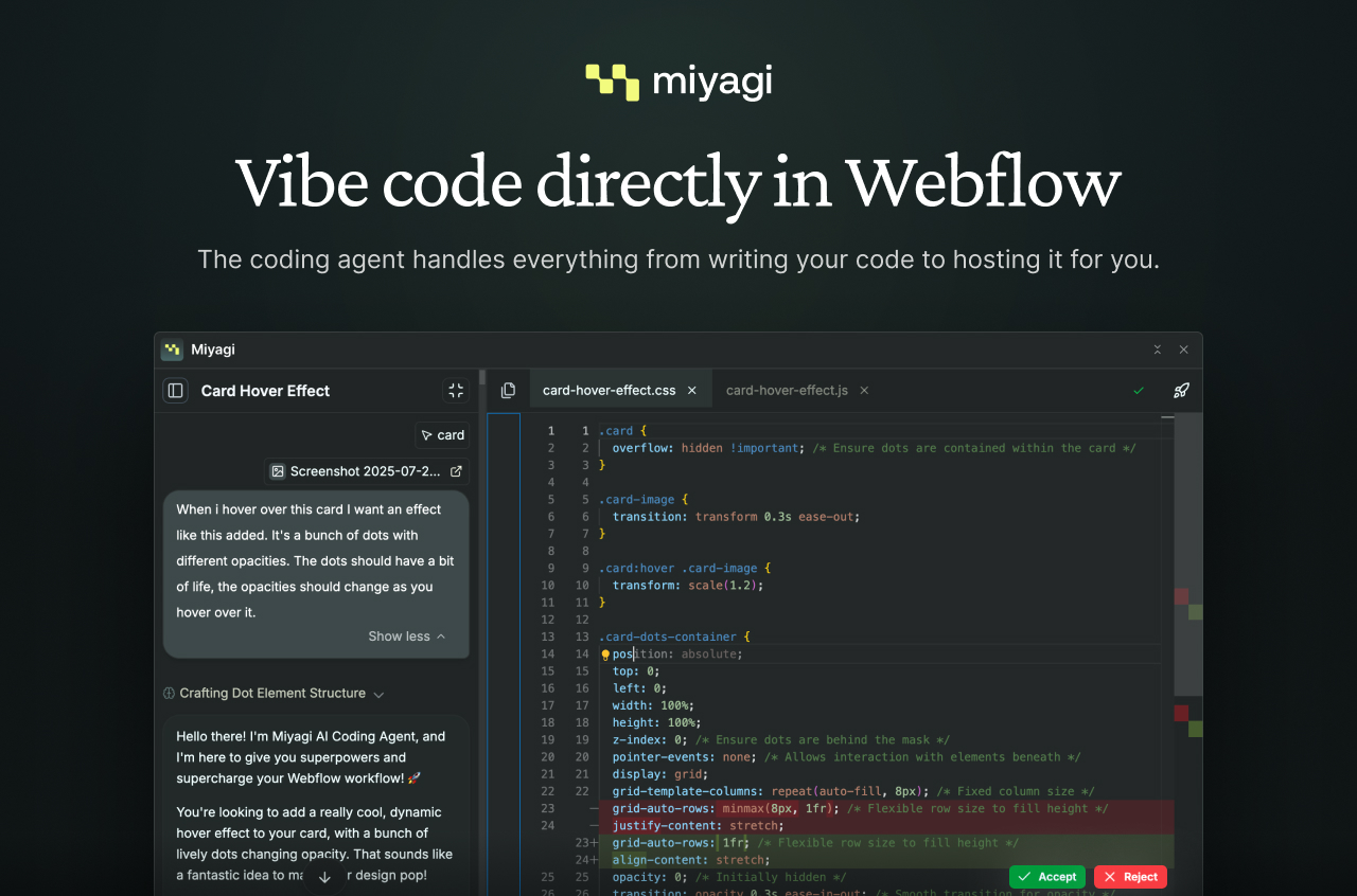 Miyagi Coding Agent editing CSS and JS with chat guidance and Accept or Reject controls in a split code editor.