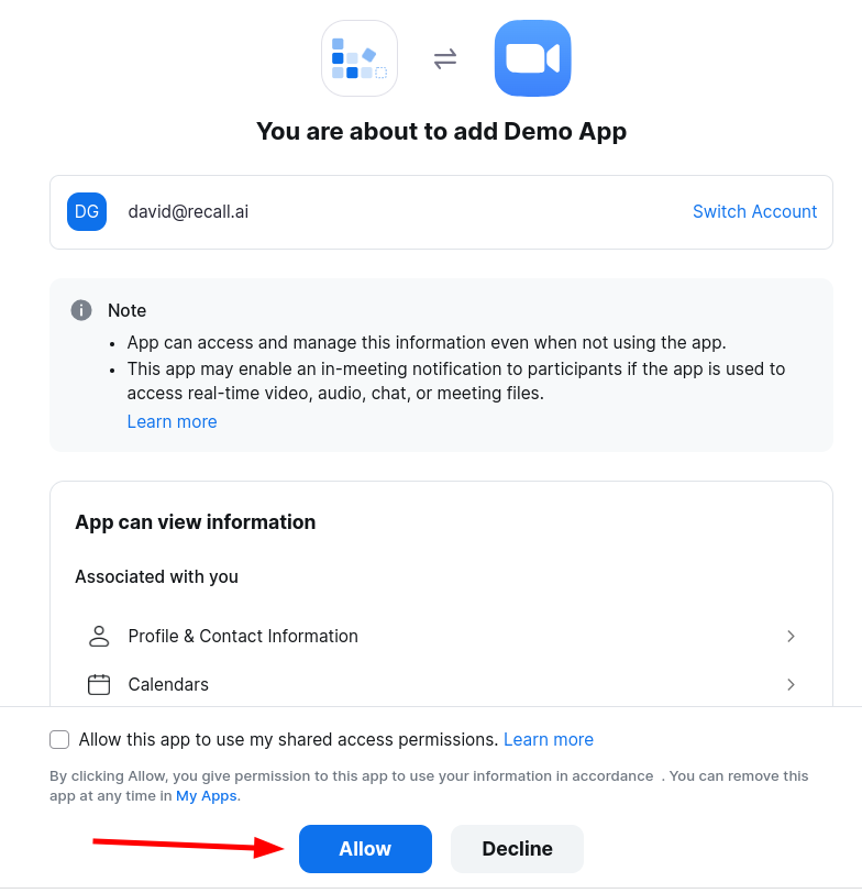 OAuth permissions screen