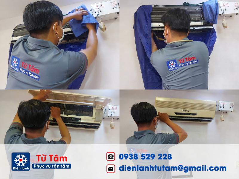 Kỹ thuật viên của Điện lạnh Từ Tâm làm vệ sinh máy lạnh ở Hóc Môn cực kỳ tỉ mỉ