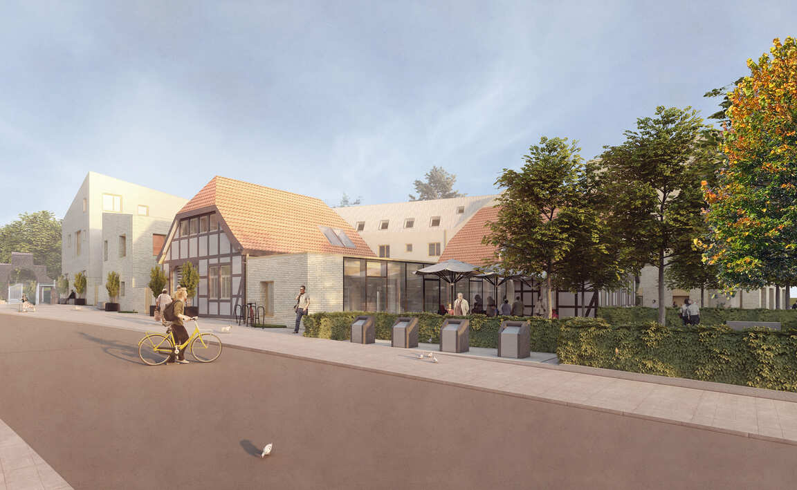 Ein 3D-Rendering eines Gebäudes mit einer Fassade, einem Bürgersteig und einigen Menschen.