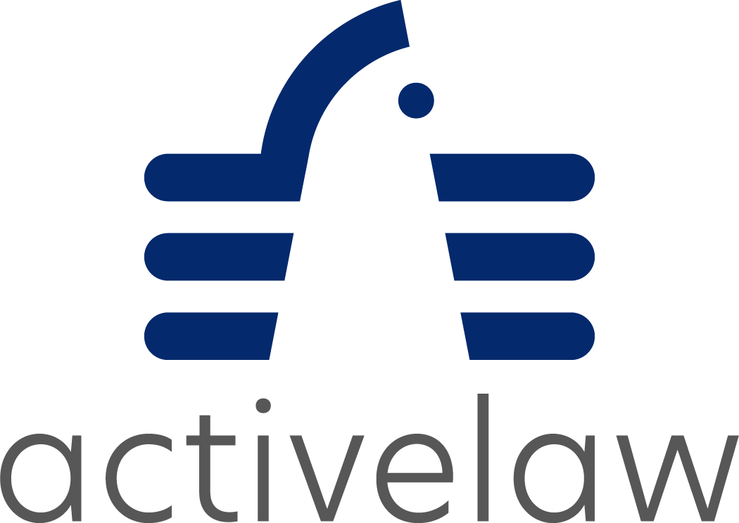 activelaw Logo zentriert, Bildmarke und Wortmarke in blau und grau