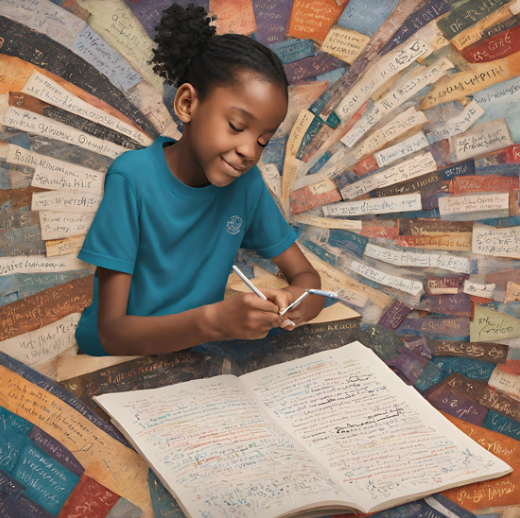This image illustrates a young student engrossed in writing, with various writing genres depicted in thought bubbles around them. It symbolizes the diverse opportunities for young writers to explore different genres and expand their creative horizons.