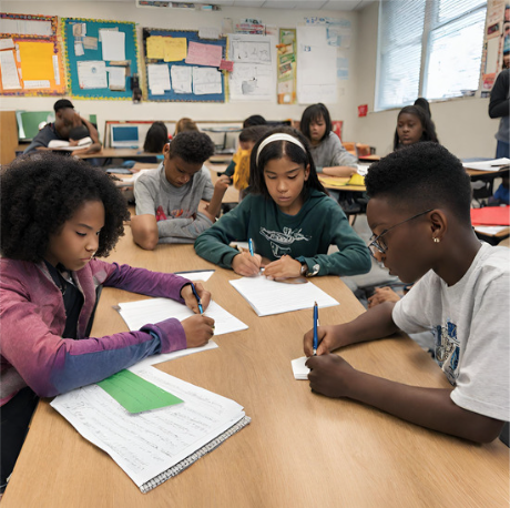 The image showcases a diverse group of students engaged in writing activities. Each student is working on a different writing prompt, reflecting their individual interests and creativity. This image represents the diversity and uniqueness that stems from using creative writing prompts.