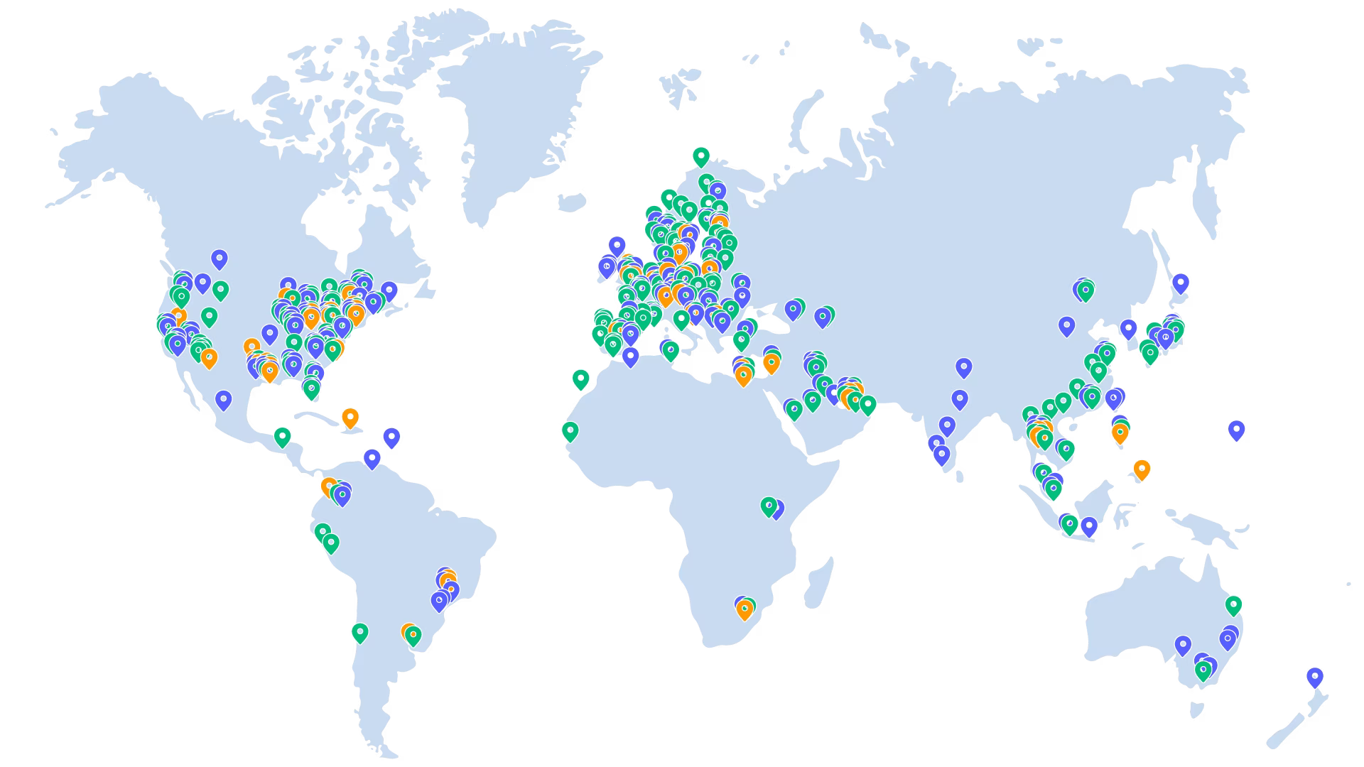 Map of the world with colorful pins showing locations, where Valo Motion products have been installed.