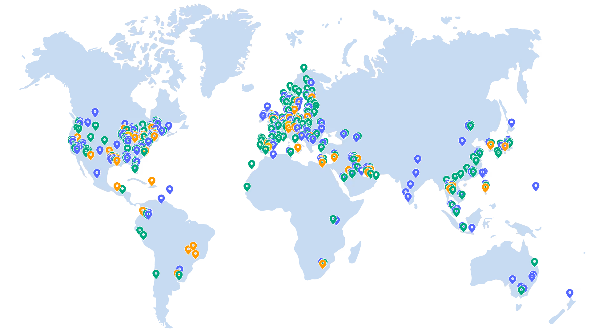 Map of the world with colorful pins showing locations, where Valo Motion products have been installed.