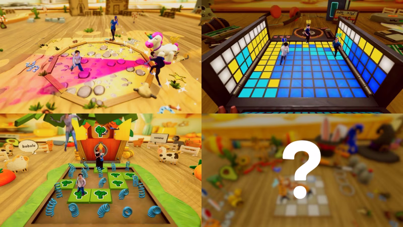 A compilation of 4 different views from inside the Party Box game for ValoArena. The fourth is hidden behind a question mark.