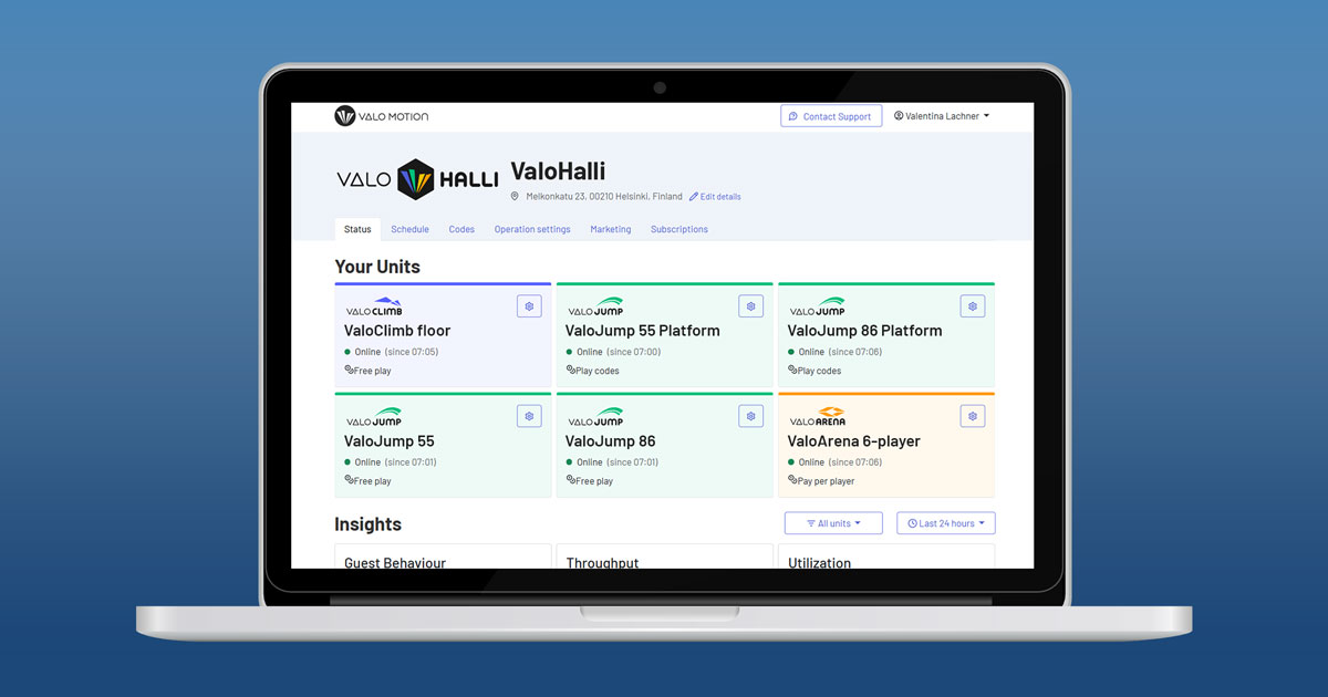 Mockup image showing a laptop with the Valo Motion Operations Hub dashboard.